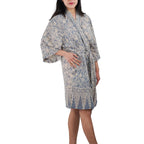 Hand Dyed Batik Robe Kimono | Gray & Silver Petals