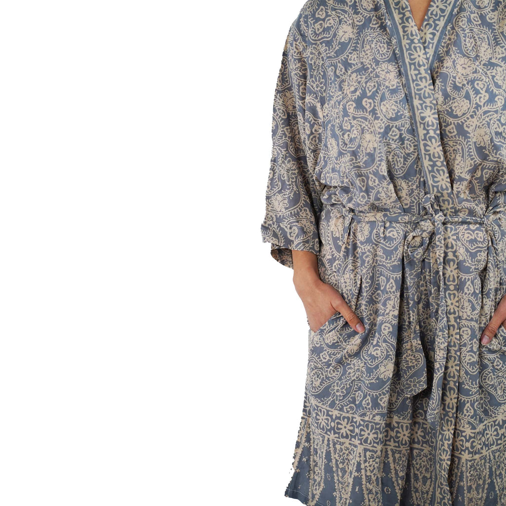 Hand Dyed Batik Robe Kimono | Gray & Silver Petals