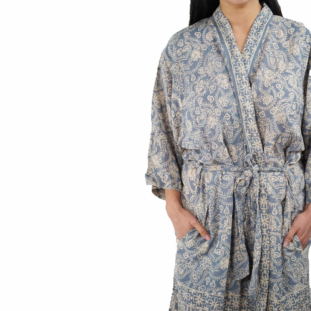 Hand Dyed Batik Robe Kimono | Gray & Silver Petals