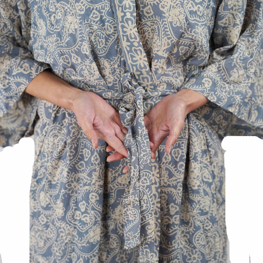 Hand Dyed Batik Robe Kimono | Gray & Silver Petals
