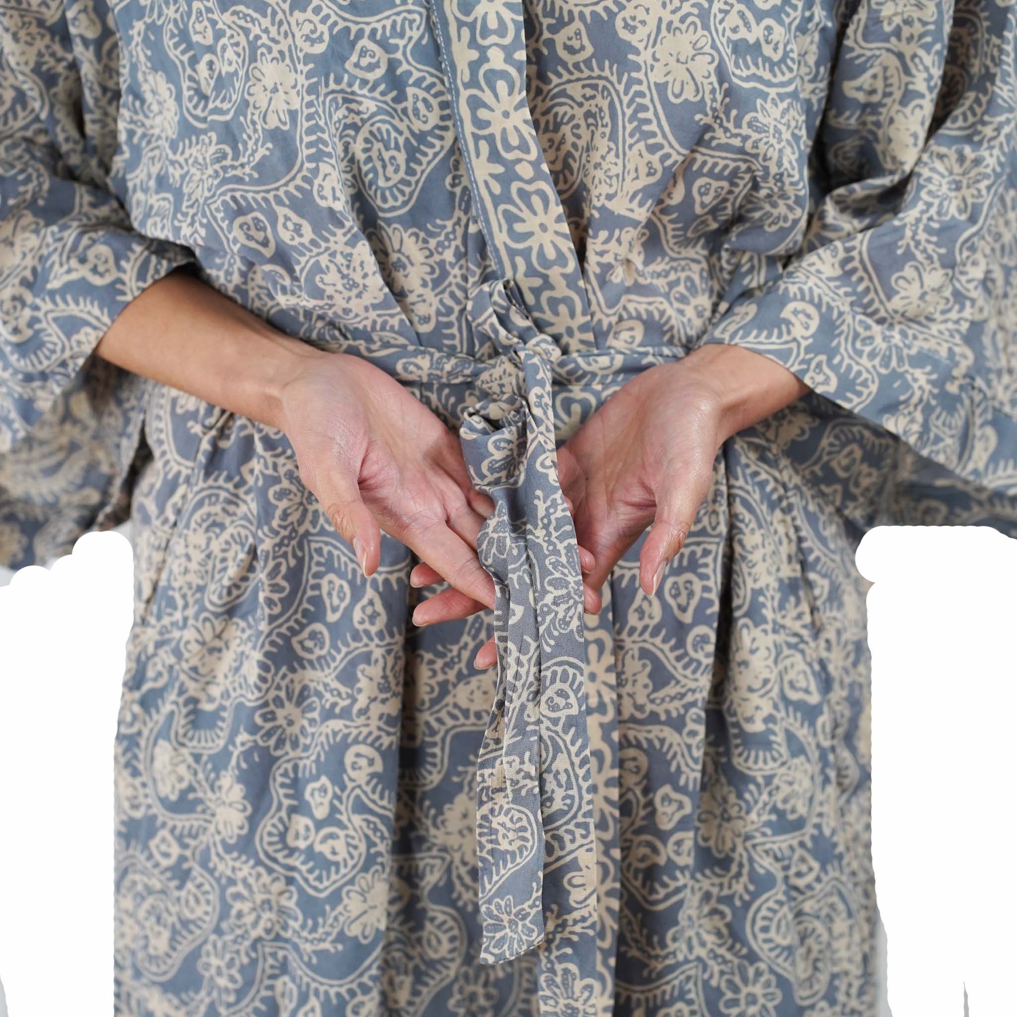 Hand Dyed Batik Robe Kimono | Gray & Silver Petals