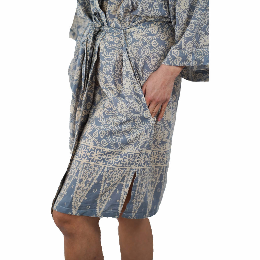 Hand Dyed Batik Robe Kimono | Gray & Silver Petals