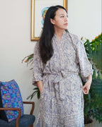 Hand Dyed Batik Robe Kimono | Gray & Silver Petals
