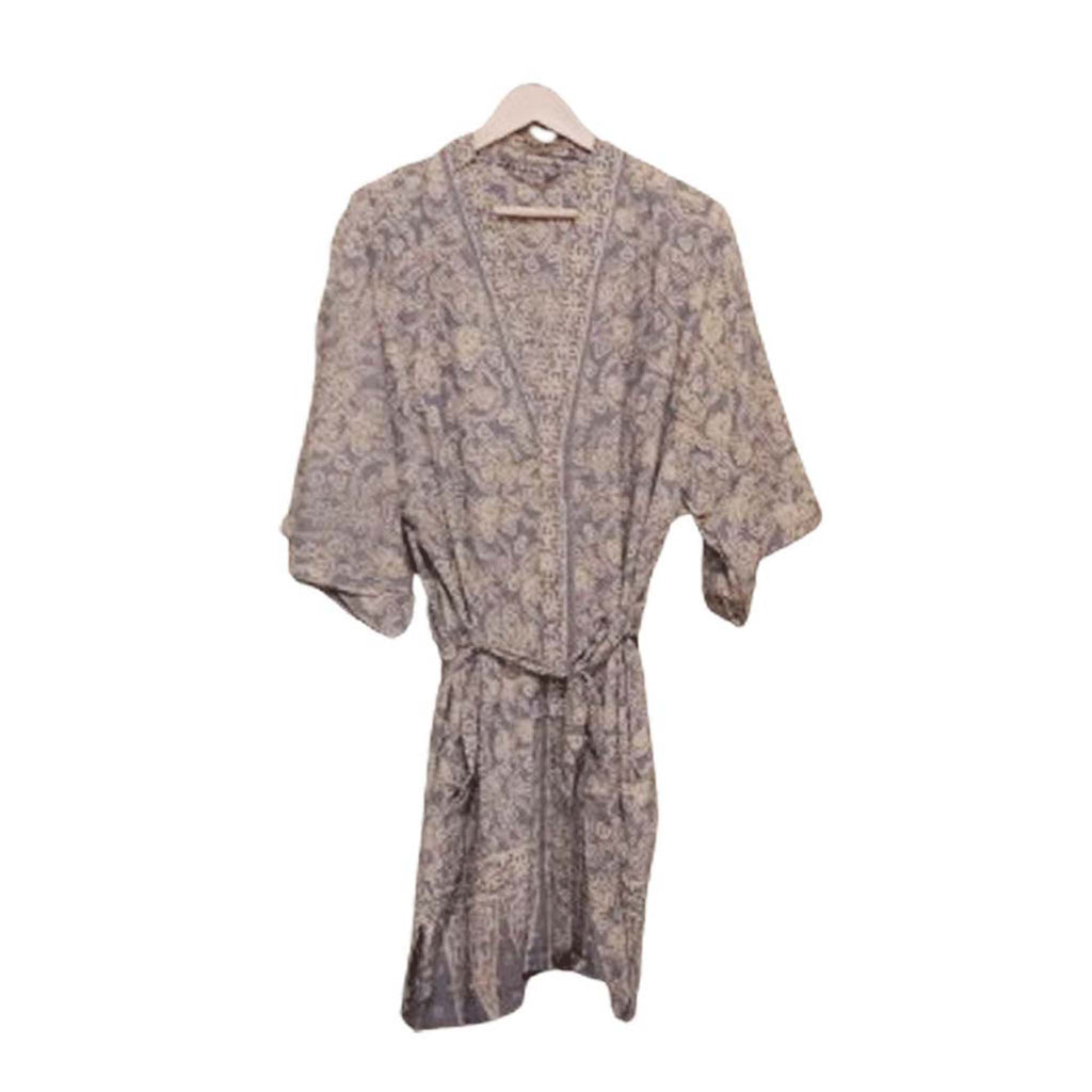Hand Dyed Batik Robe Kimono | Gray & Silver Petals