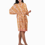 Hand Dyed Batik Robe Kimono | Orange Pink Sunset Mosaic Clementine