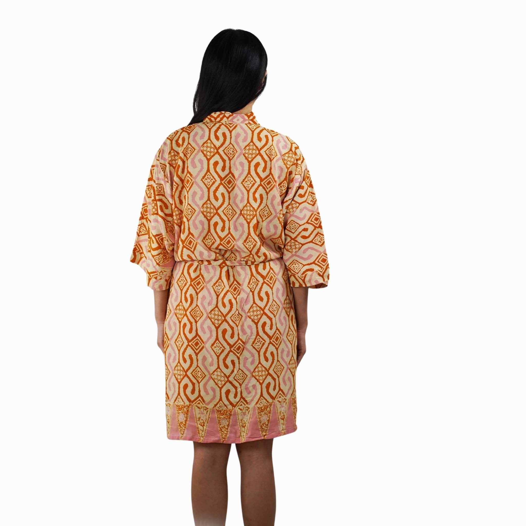 Hand Dyed Batik Robe Kimono | Orange Pink Sunset Mosaic Clementine