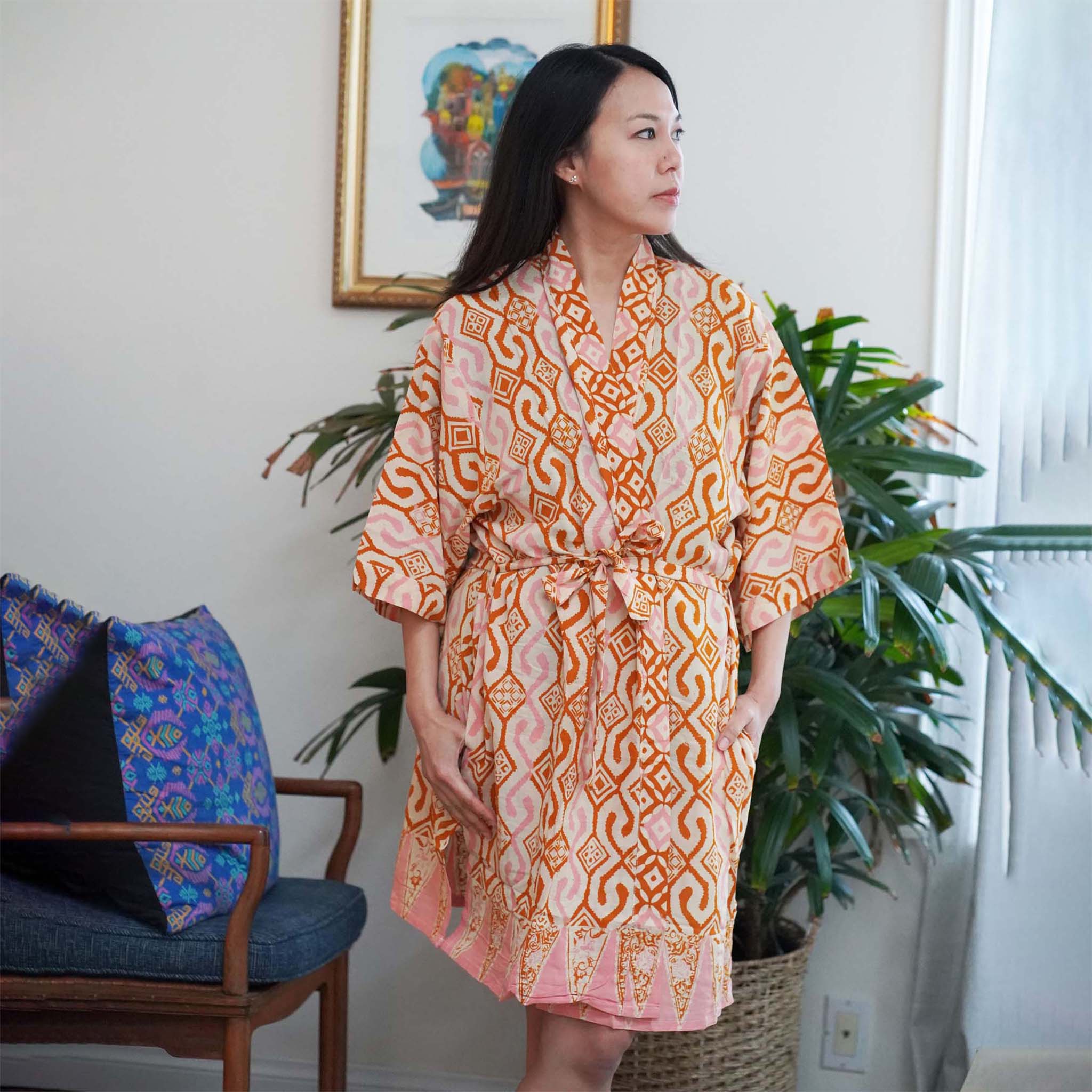 Hand Dyed Batik Robe Kimono | Orange Pink Sunset Mosaic Clementine