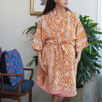 Hand Dyed Batik Robe Kimono | Orange Pink Sunset Mosaic Clementine