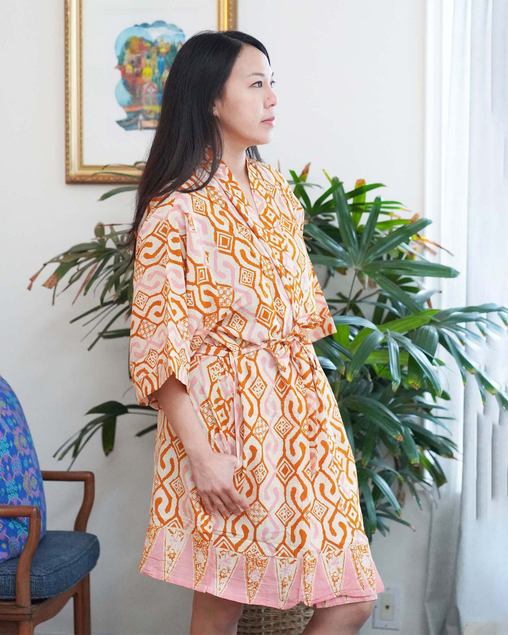 Hand Dyed Batik Robe Kimono | Orange Pink Sunset Mosaic Clementine