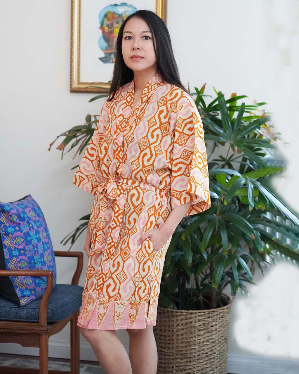 Hand Dyed Batik Robe Kimono | Orange Pink Sunset Mosaic Clementine