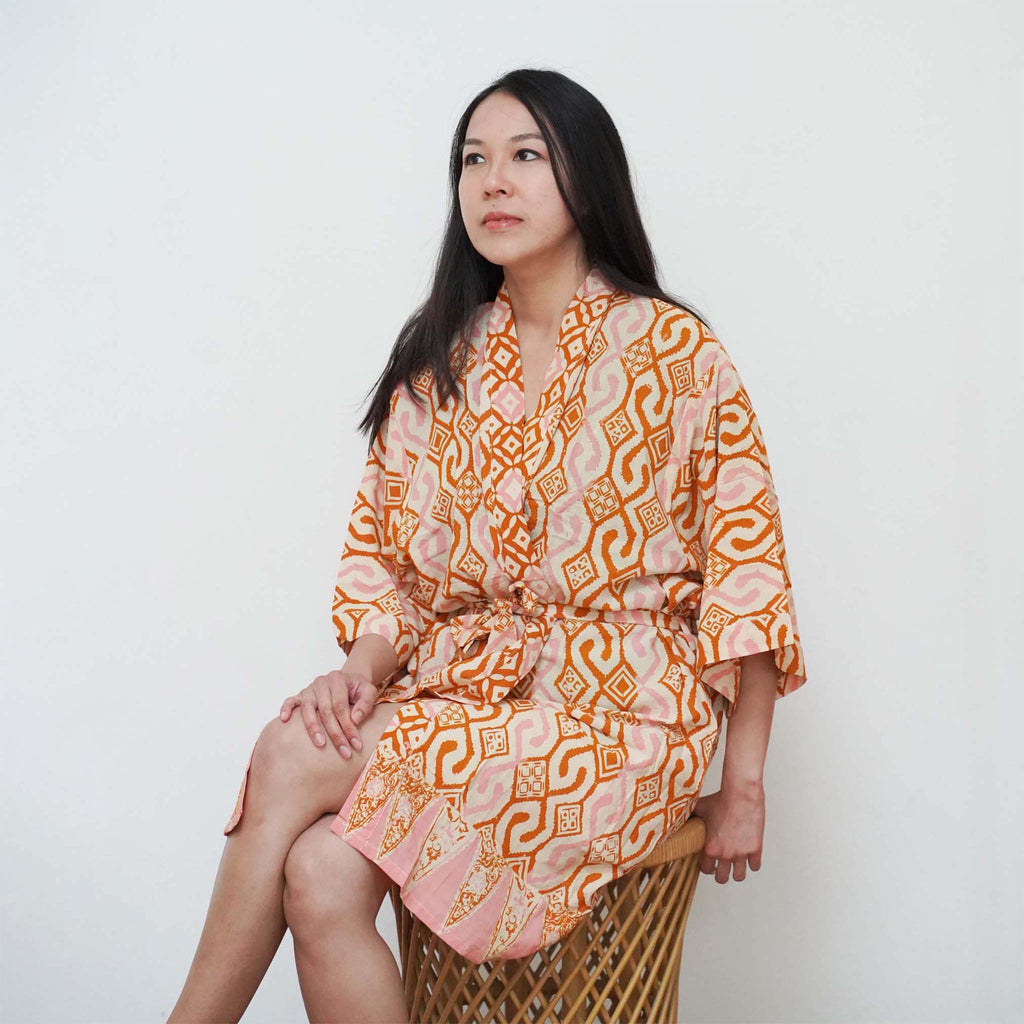 Hand Dyed Batik Robe Kimono | Orange Pink Sunset Mosaic Clementine