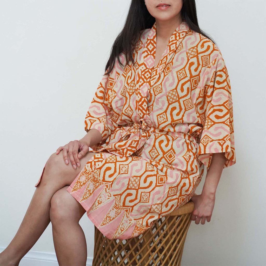Hand Dyed Batik Robe Kimono | Orange Pink Sunset Mosaic Clementine
