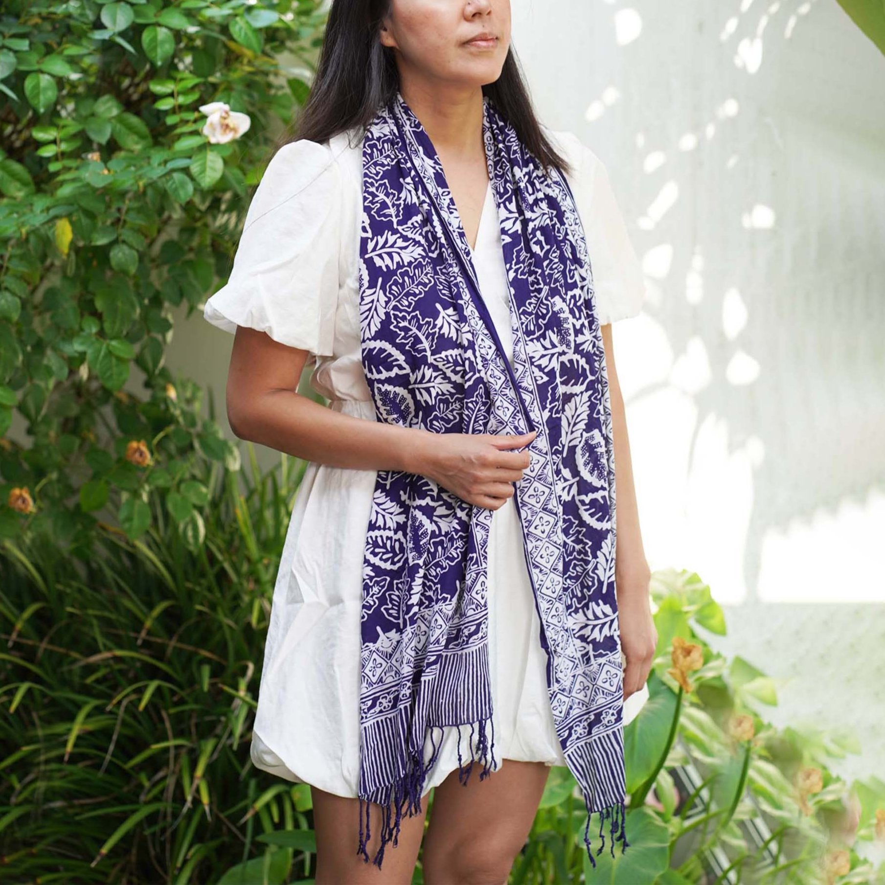 Hand Dyed Batik Scarf | Blue Leaves