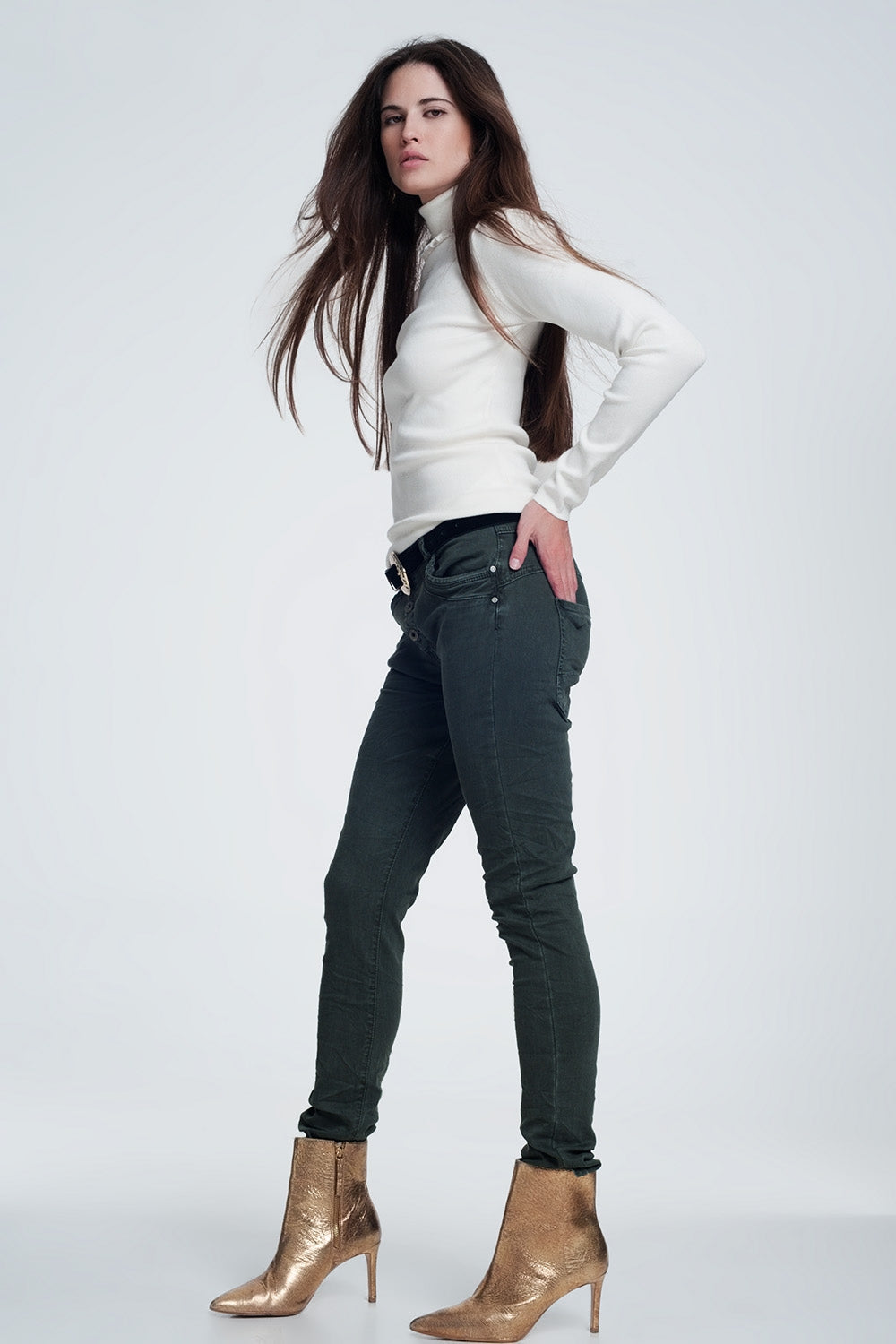 Khaki Jeans with Button Closure