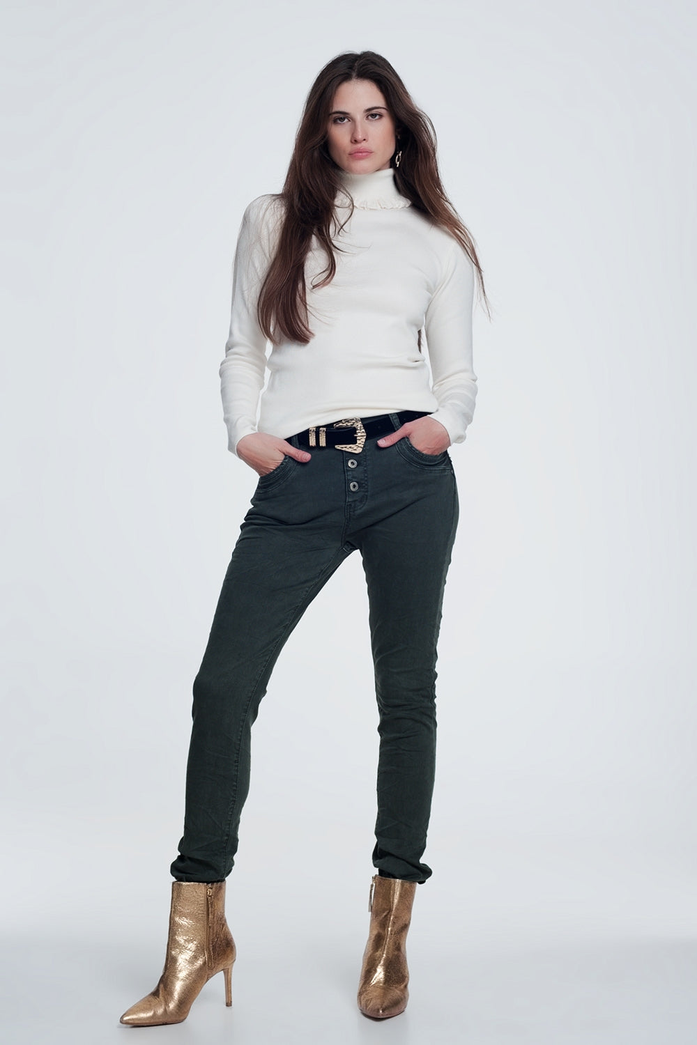 Khaki Jeans with Button Closure