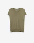 Khaki Lightweight Knit V-Neck Sweater with Short Sleeves