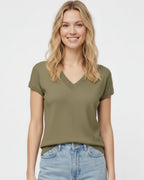 Khaki Lightweight Knit V-Neck Sweater with Short Sleeves
