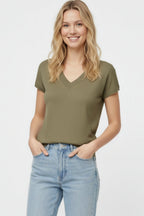 Khaki Lightweight Knit V-Neck Sweater with Short Sleeves