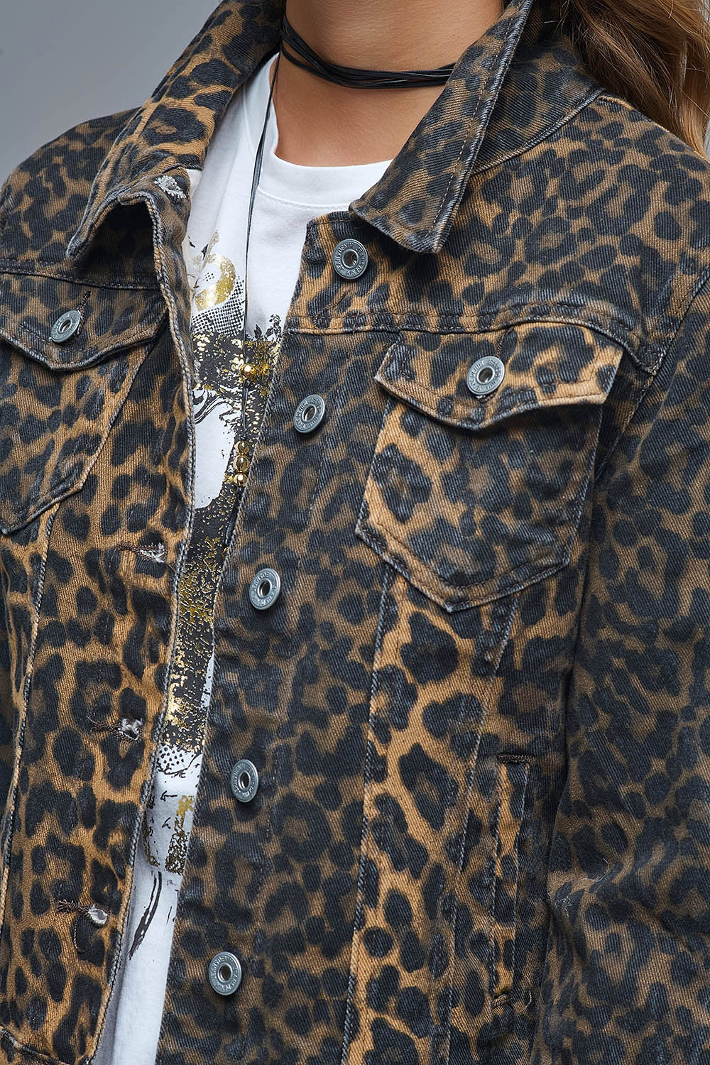Leopard Print Denim Jacket in Denim Fabric