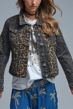 Leopard Print Denim Jacket in Denim Fabric