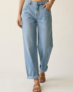 Light Wash Straight Leg Stretch Jeans with Rolled Hem