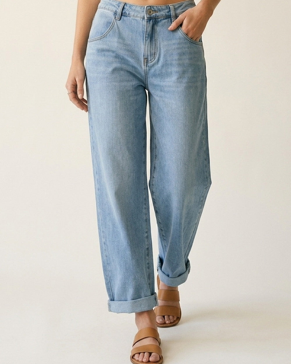 Light Wash Straight Leg Stretch Jeans with Rolled Hem