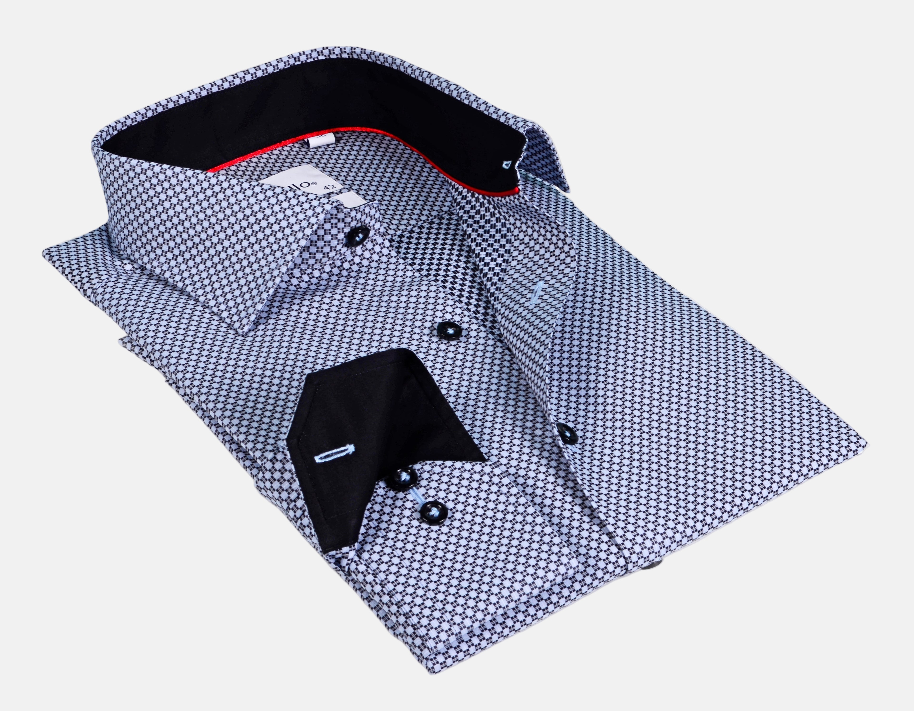 Finolo Long Sleeve Black Shirt with Contract Trimming | Contemporary Fit