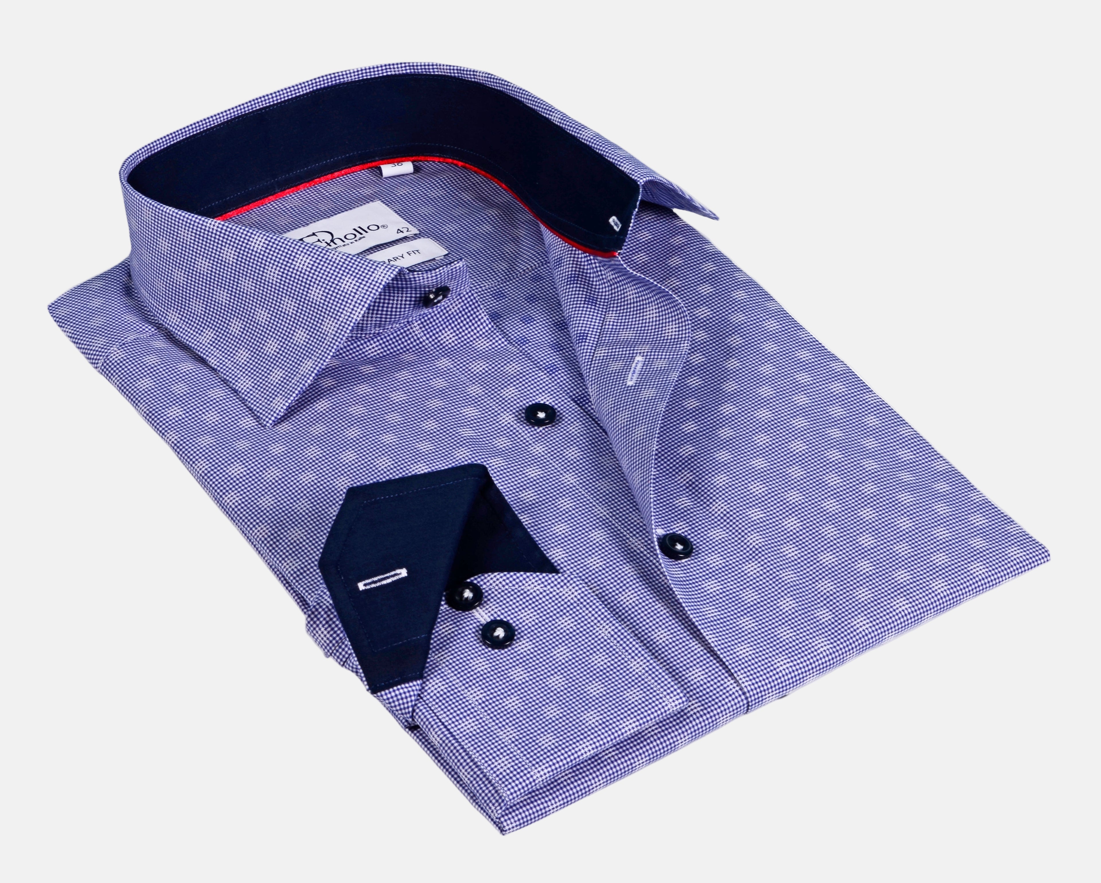 Long Sleeve Blue Shirt with Contract Trimming and Dual cuffs | Contemporary Fit