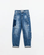 Loose-Fitting Jeans with Distressed Patches and Paint Details