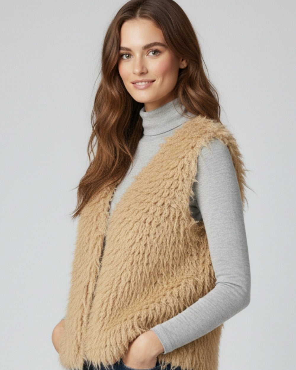 Luxurious Vest with Beige Long-Haired Texture