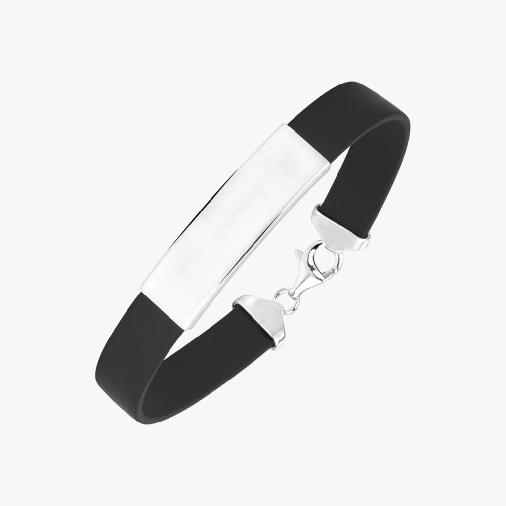 Sterling Silver 925 Engravable Bracelet Mens ID Bar with Rubber Band 7.25"