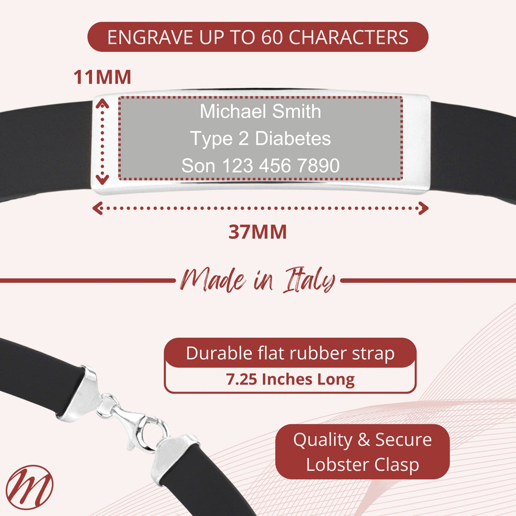 Sterling Silver 925 Engravable Bracelet Mens ID Bar with Rubber Band 7.25"