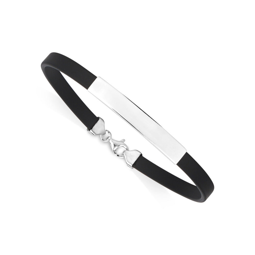 Sterling Silver 925 Engravable Bracelet Mens ID Bar with Rubber Band 7.25"