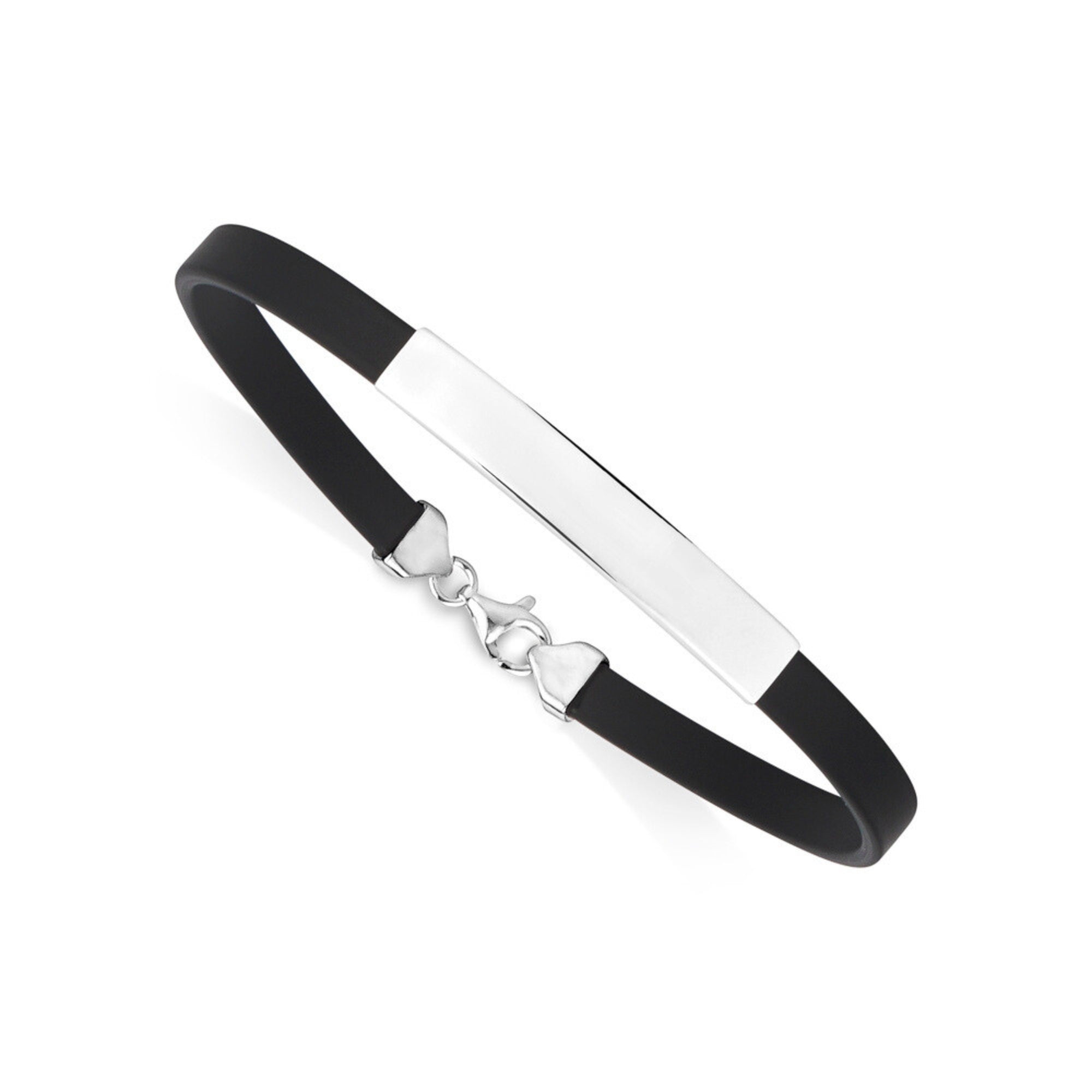 Sterling Silver 925 Engravable Bracelet Mens ID Bar with Rubber Band 7.25"