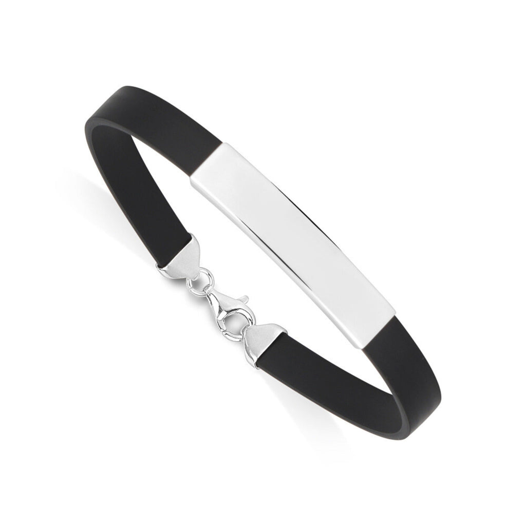 Sterling Silver 925 Engravable Bracelet Mens ID Bar with Rubber Band 7.25"