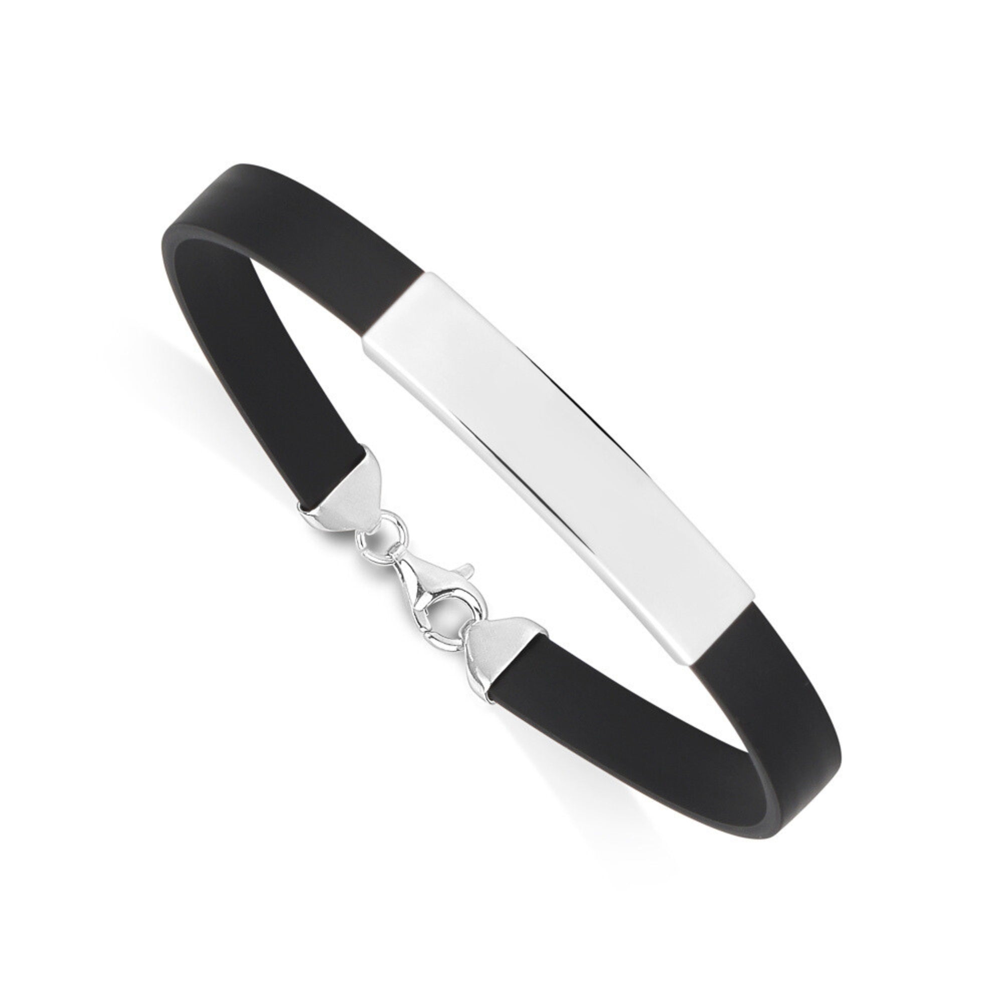 Sterling Silver 925 Engravable Bracelet Mens ID Bar with Rubber Band 7.25"