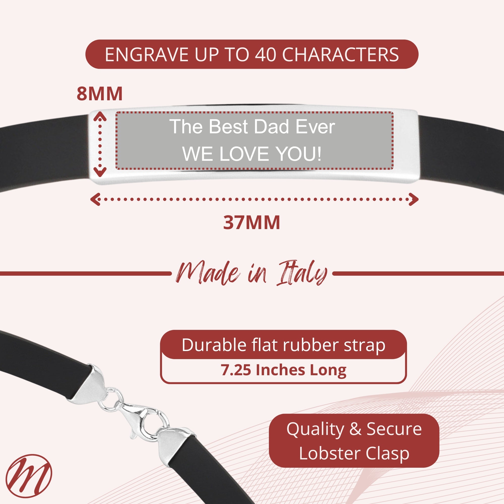 Sterling Silver 925 Engravable Bracelet Mens ID Bar with Rubber Band 7.25"
