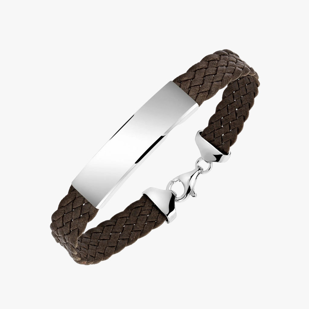 Sterling Silver 925 Men's ID Bracelet 6-Strand Flat Braided Eco-Friendly Synthetic Leather Band