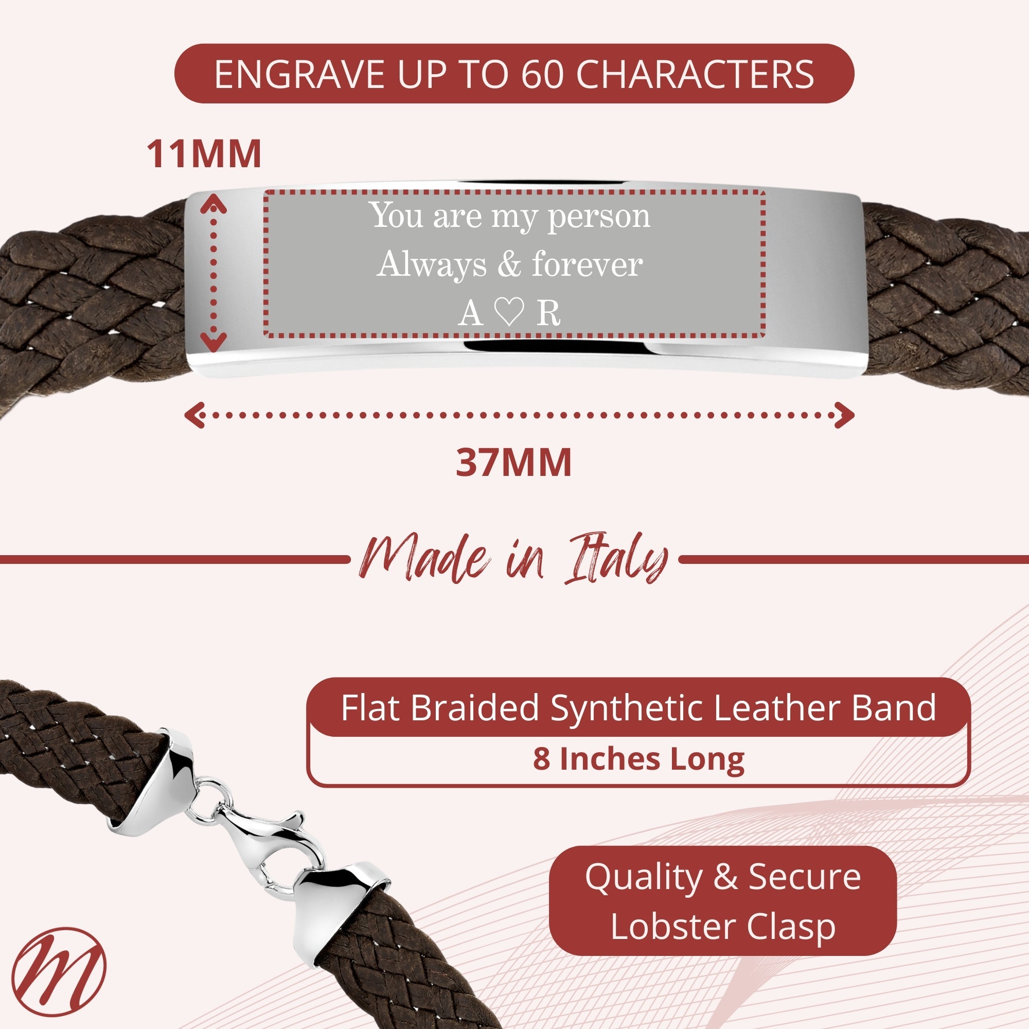Sterling Silver 925 Men's ID Bracelet 6-Strand Flat Braided Eco-Friendly Synthetic Leather Band