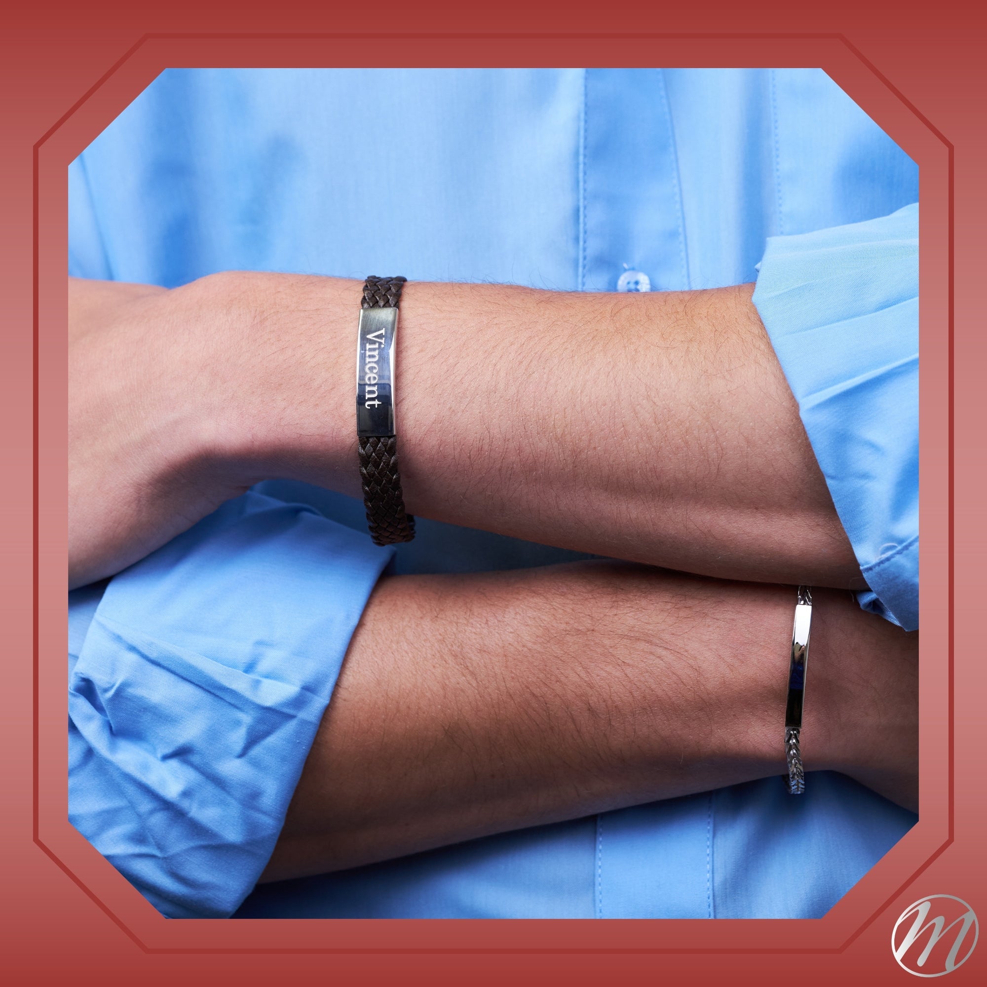 Sterling Silver 925 Men's ID Bracelet 6-Strand Flat Braided Eco-Friendly Synthetic Leather Band