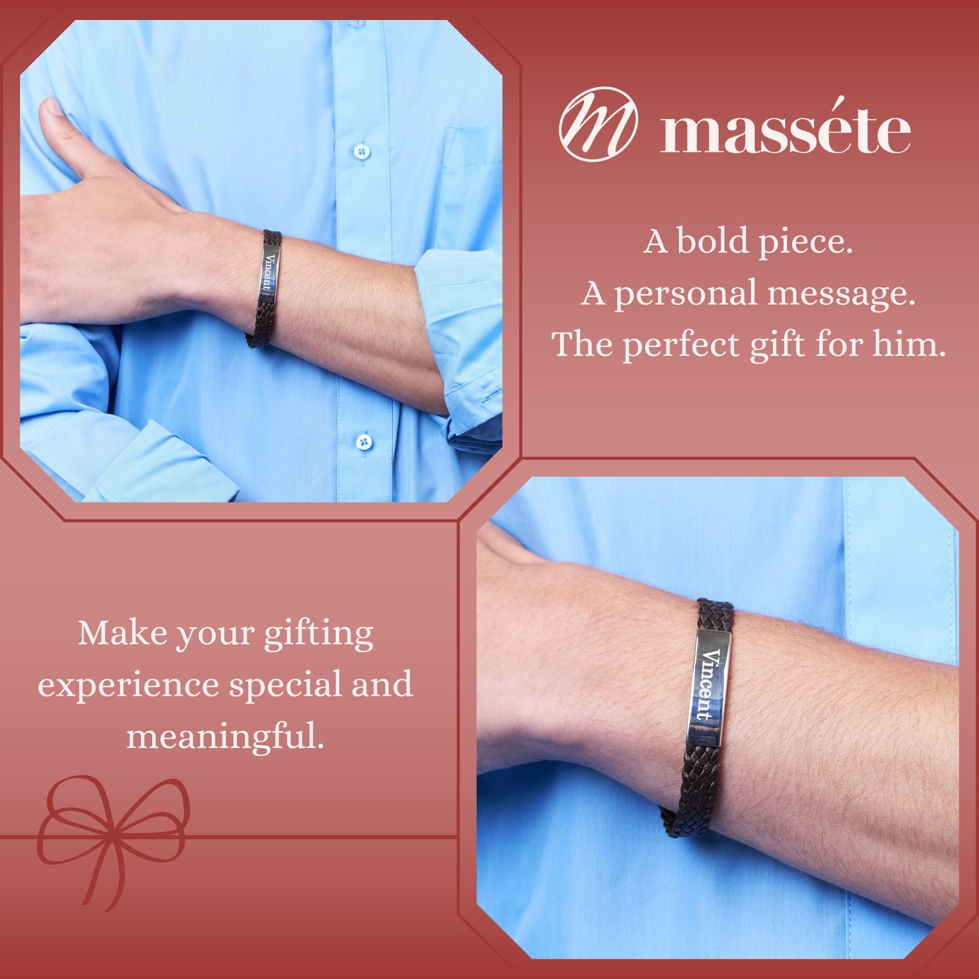 Sterling Silver 925 Men's ID Bracelet 6-Strand Flat Braided Eco-Friendly Synthetic Leather Band