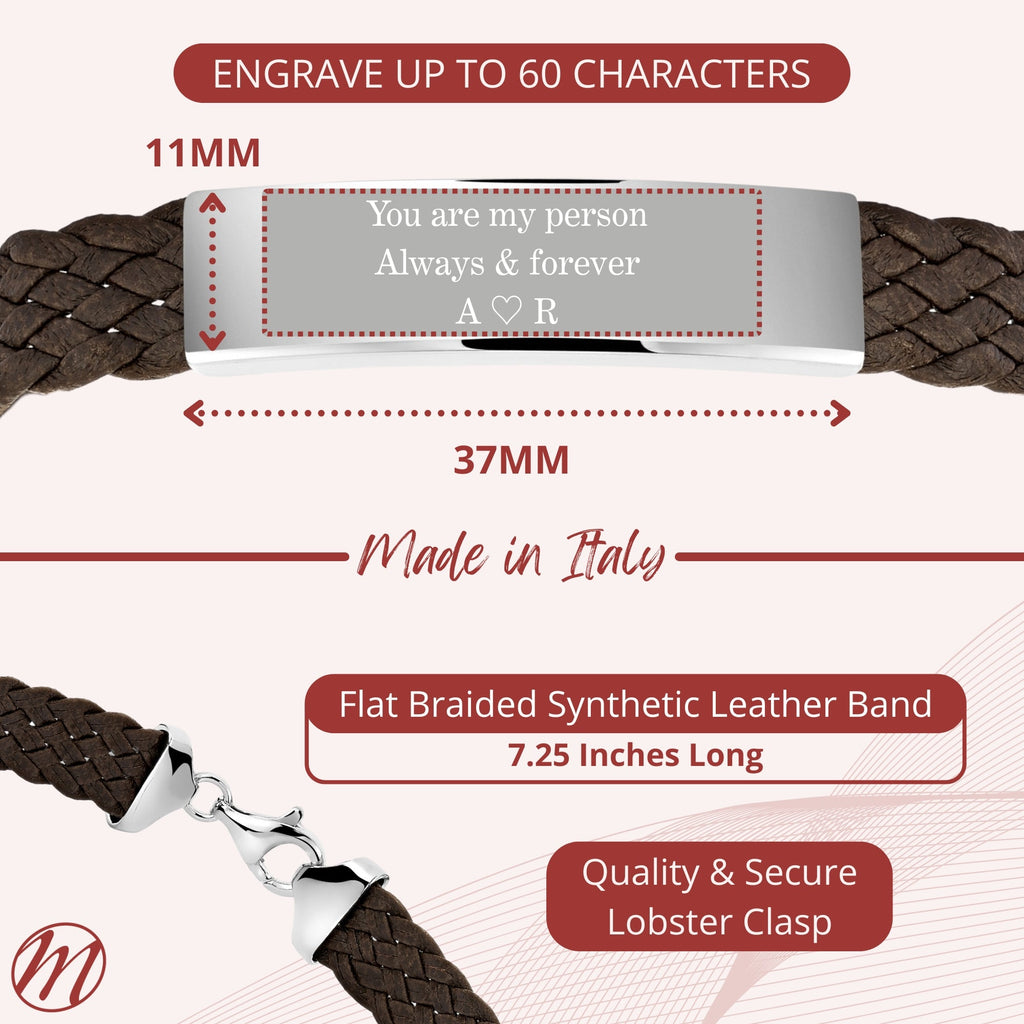 Sterling Silver 925 Men's ID Bracelet 6-Strand Flat Braided Eco-Friendly Synthetic Leather Band