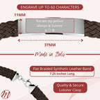 Sterling Silver 925 Men's ID Bracelet 6-Strand Flat Braided Eco-Friendly Synthetic Leather Band