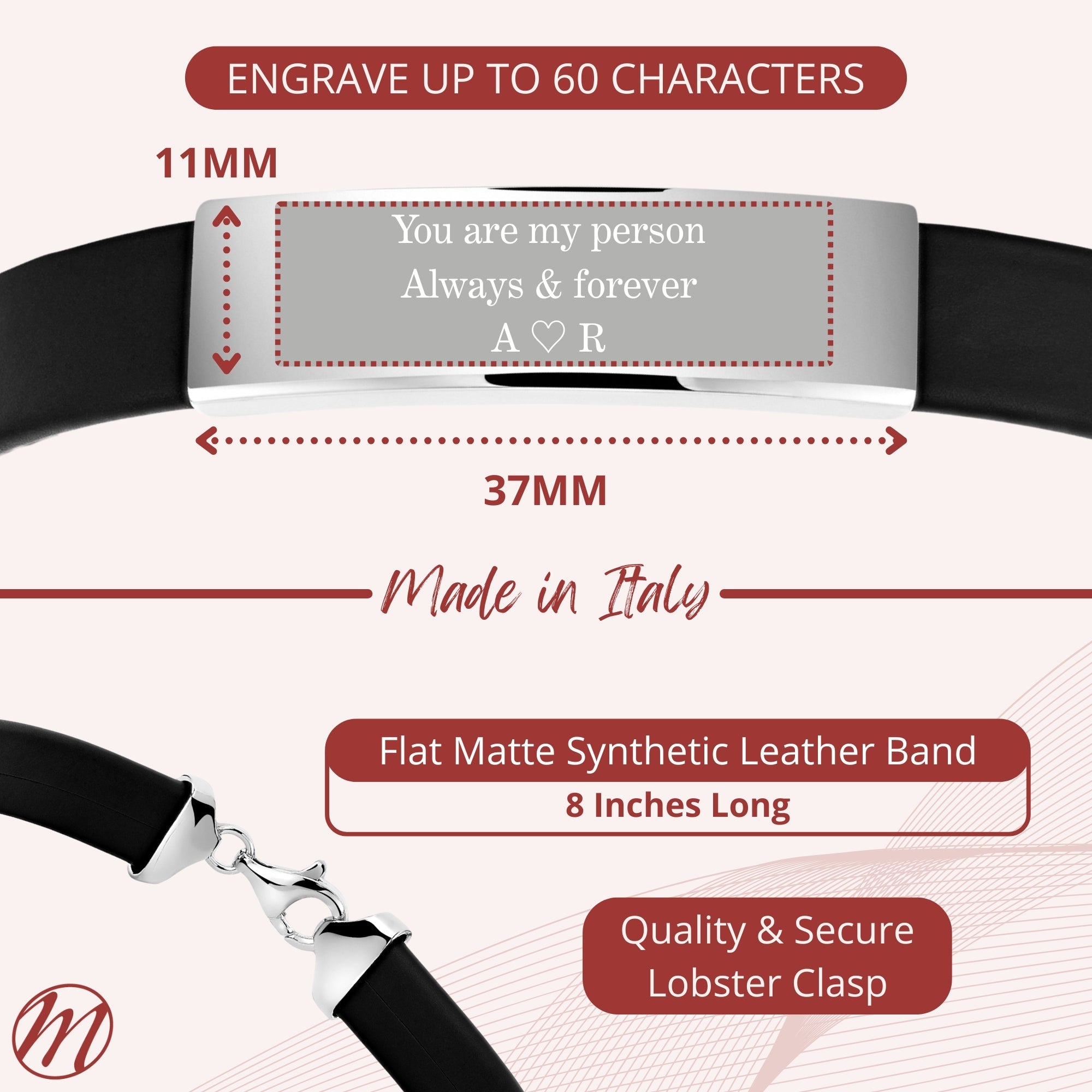 Sterling Silver 925 Men's ID Bracelet Flat Matte Eco-Friendly Synthetic Leather Band