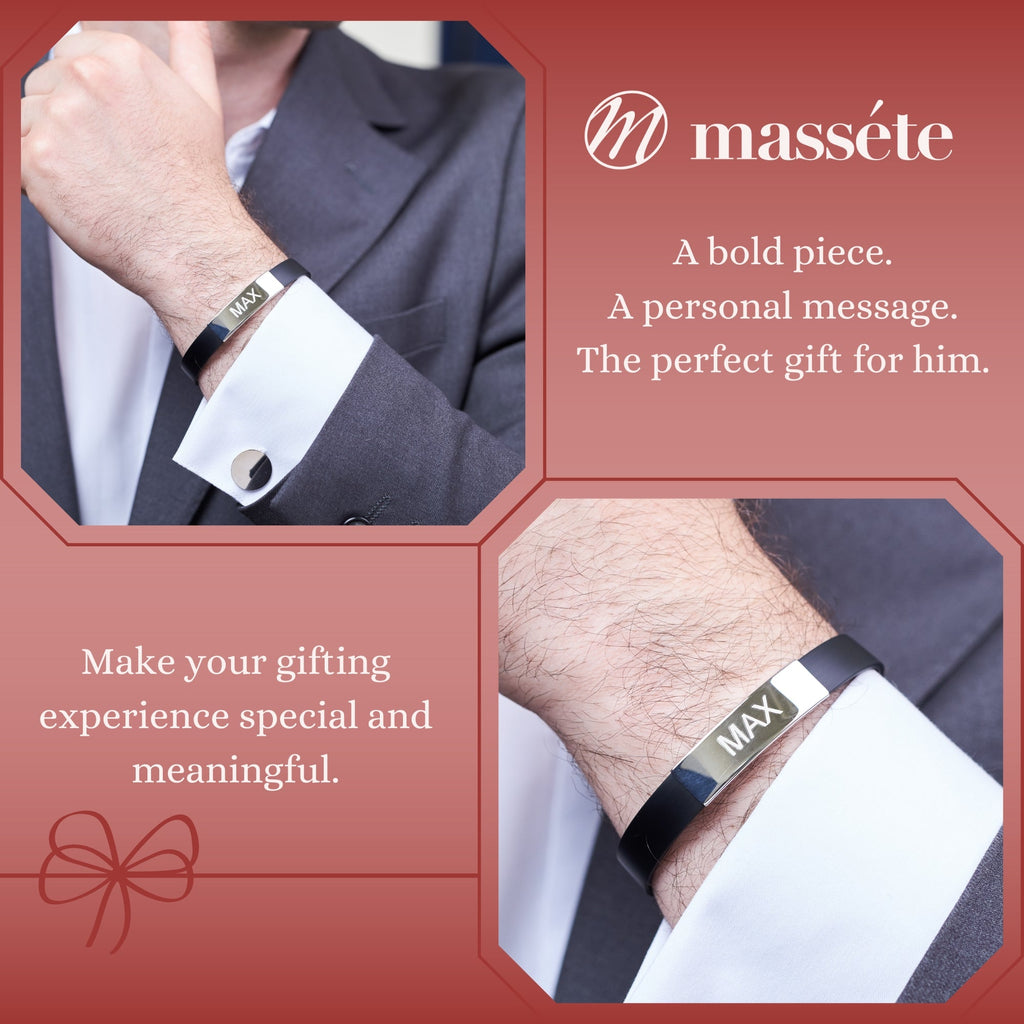 Sterling Silver 925 Men's ID Bracelet Flat Matte Eco-Friendly Synthetic Leather Band