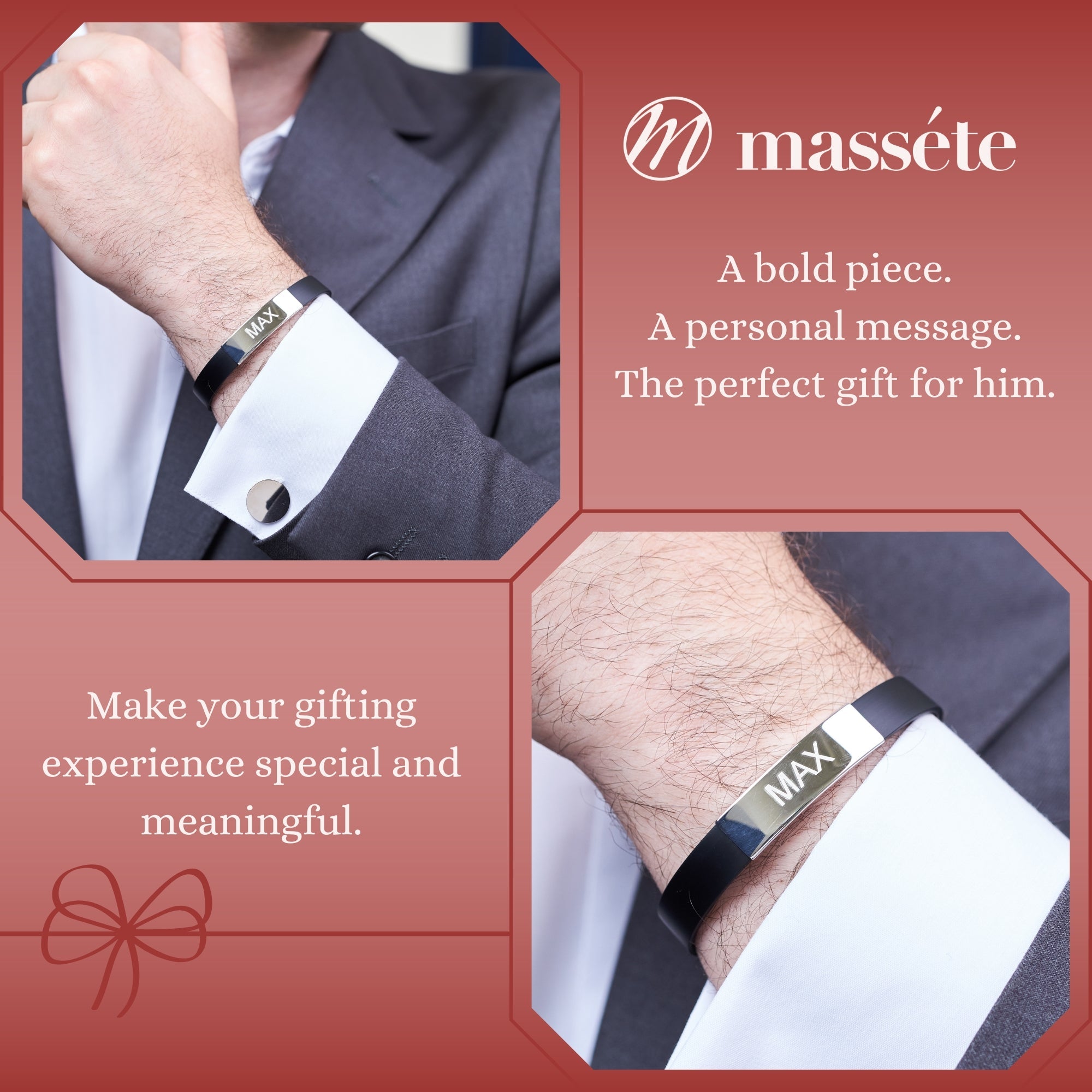 Sterling Silver 925 Men's ID Bracelet Flat Matte Eco-Friendly Synthetic Leather Band