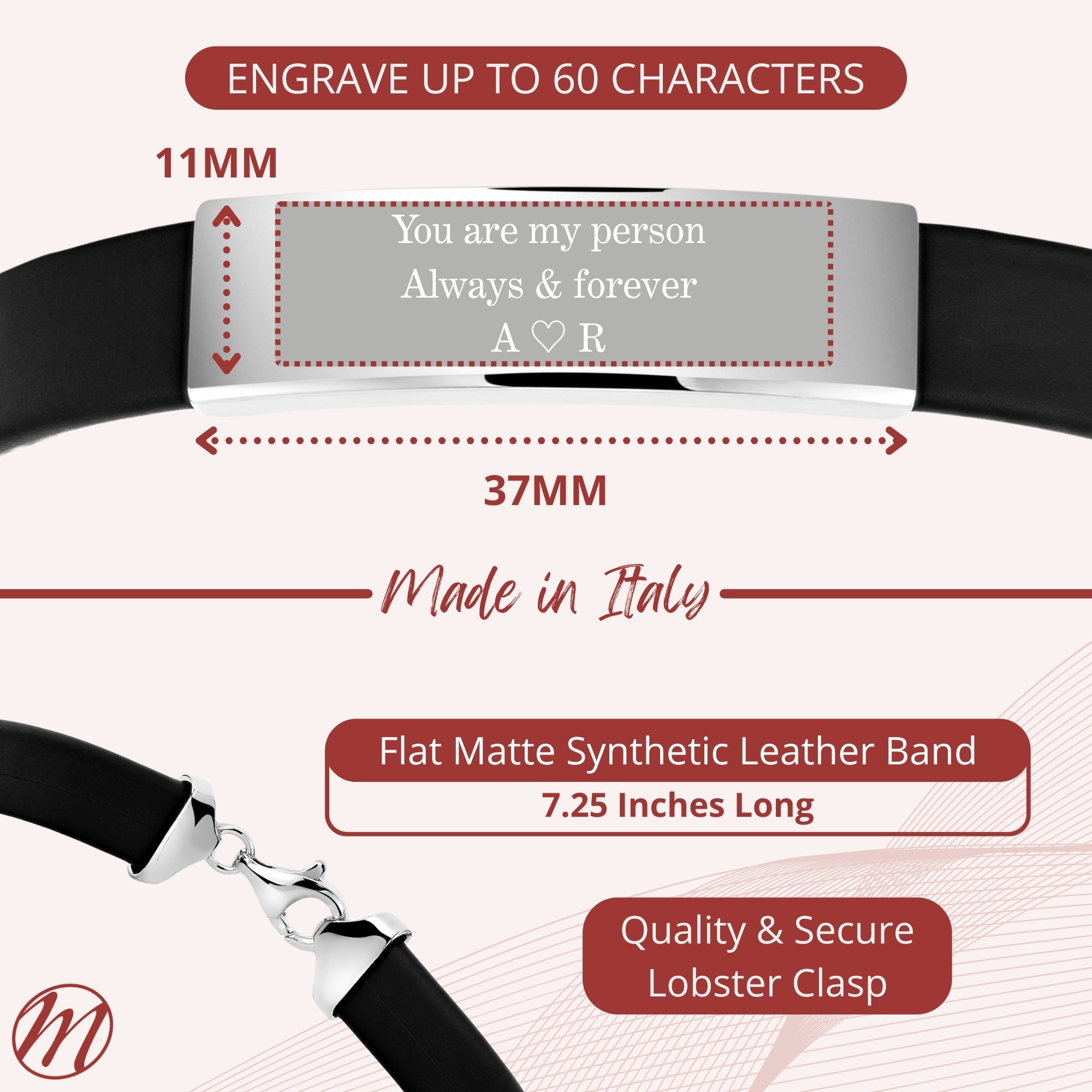 Sterling Silver 925 Men's ID Bracelet Flat Matte Eco-Friendly Synthetic Leather Band