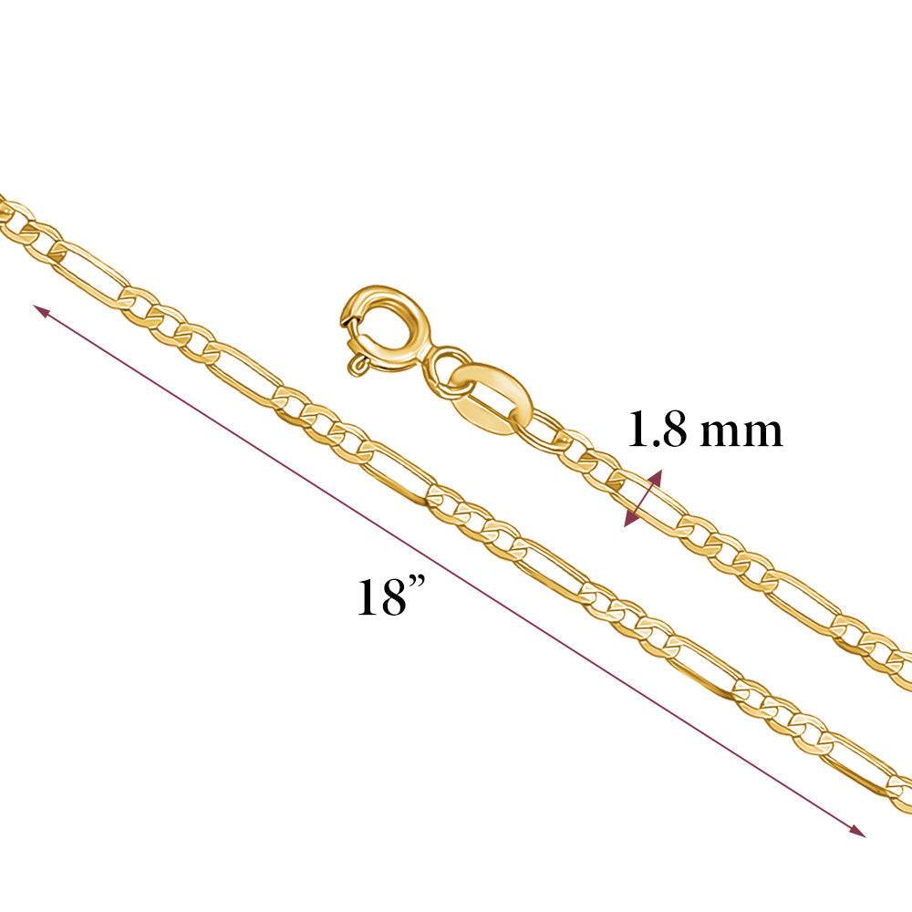 14K Solid Yellow Gold Figaro Link Chain 3+1 Necklace | 18”/20” - 2mm