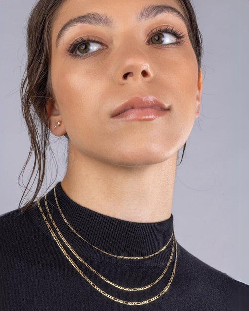 14K Solid Yellow Gold Figaro Link Chain 3+1 Necklace | 18”/20” - 2mm
