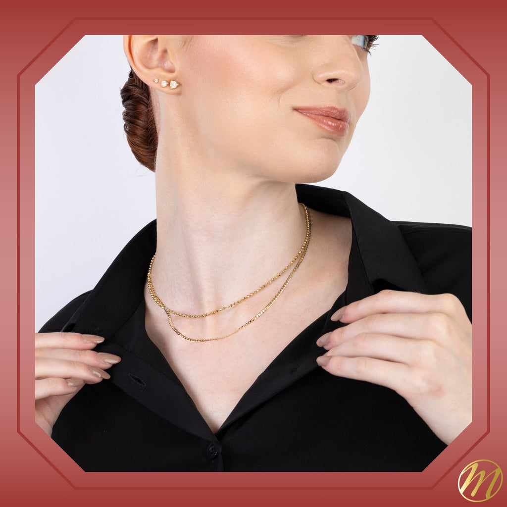 14K Solid Yellow Gold Beaded Chain Necklace Hexagon | 16”/20” - 2mm